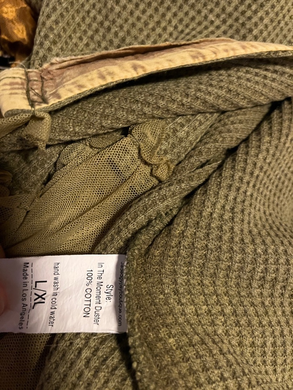 Jaded Gypsy L/XL Olive Waffle Knit Duster/Dress Lace Trim Hem GORGEOUS - Picture 9 of 12
